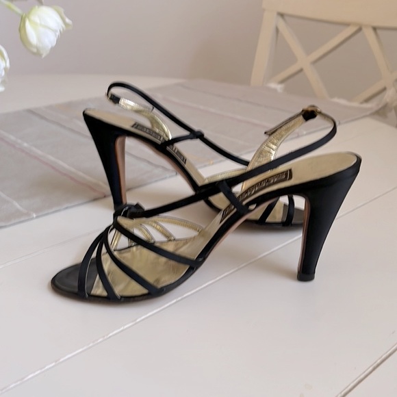 Vintage Arabella Black Satin and Gold Leather Evening Shoes, EU 38.5/US 8 - Picture 3 of 7